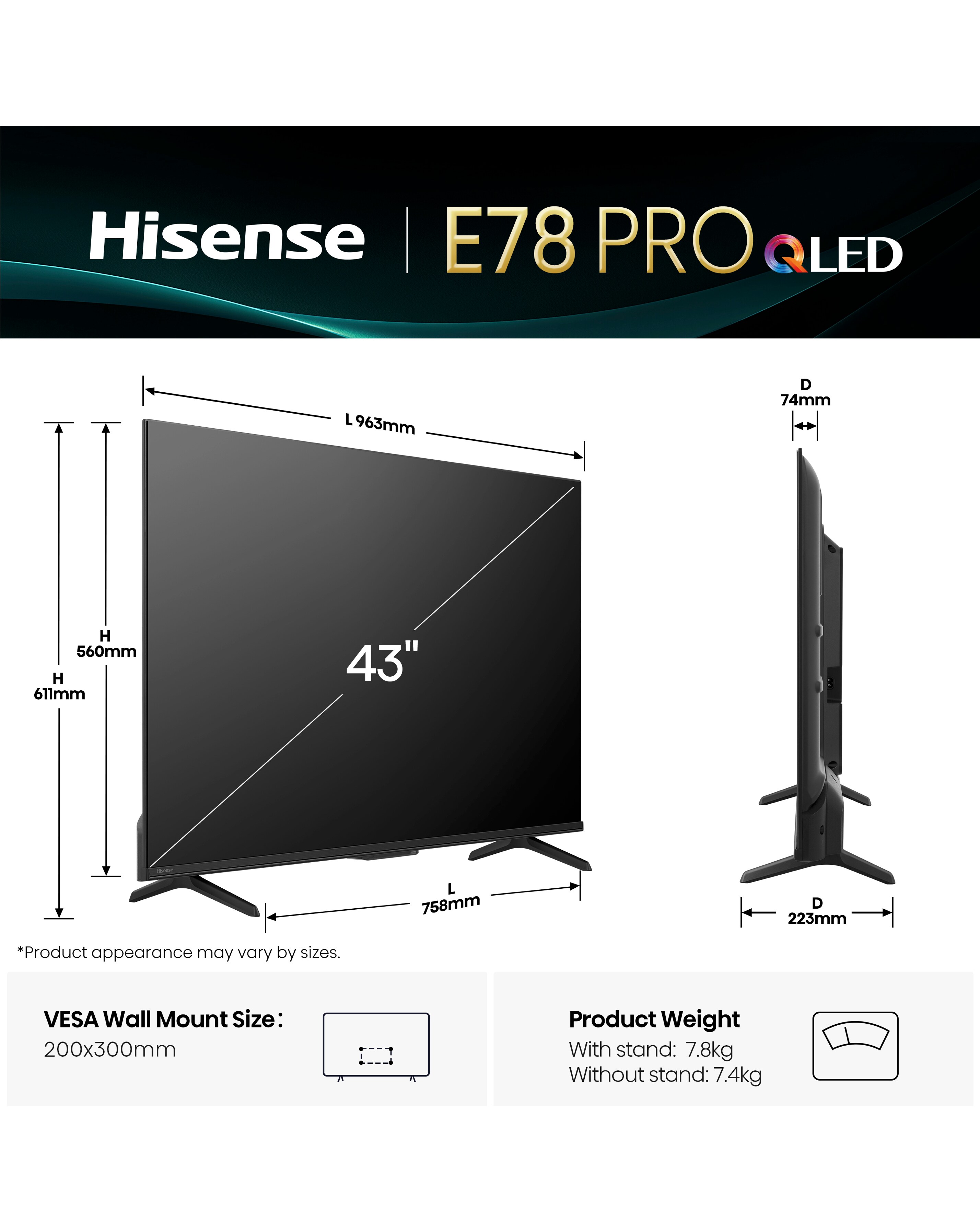 Hisense 43E78QTUK PRO 43 QLED 4K Ultra HD Smart Gaming TV