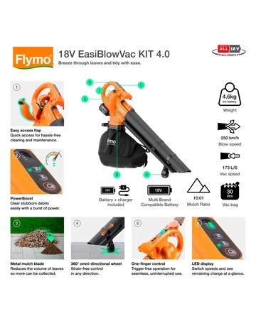 Flymo 18V EasiBlowVac Leaf Blower & Vacuum 4.0Ah Battery & Charger