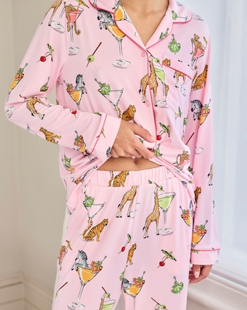 Chelsea Peers Classic Button Up Pyjama Set Cocktail Animals Print