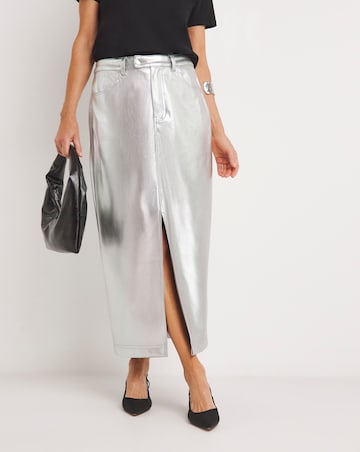 Metallic PU Leather Look Column Maxi Skirt