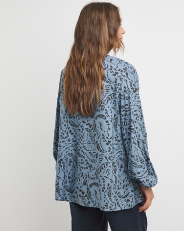 Tie Detail Ruched Long Sleeve Blouse - Blue Abstract
