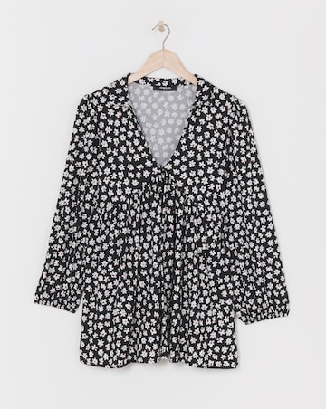 Black Ditsy Print Long Sleeve Supersoft Smock Dress