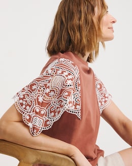 Crew Neck Broderie Angel Sleeve Top