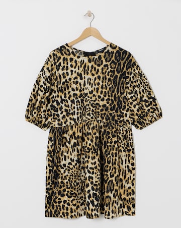 Leopard Print Bow Detail Waffle Smock Dress