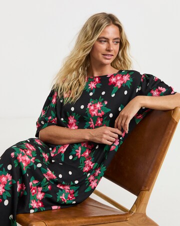 Mixed Print Waffle Puff Sleeve A Line Midi Dress