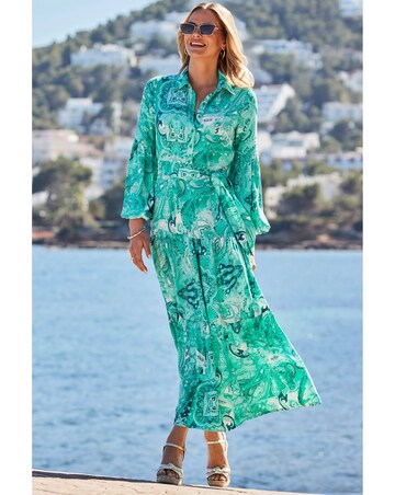 Sosandar Green Paisley Print Tiered Hem Maxi Shirt Dress