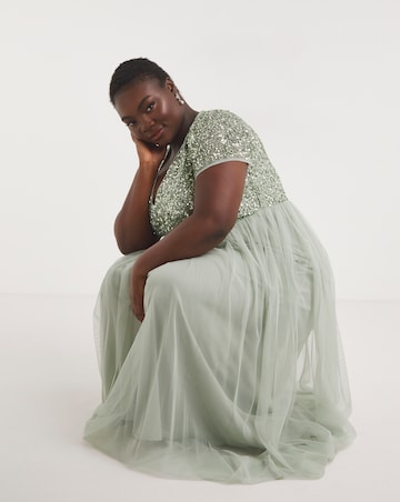 Maya Curve V-Neck Sequin Embellished Tulle Maxi Dress