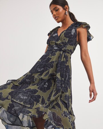 Joanna Hope Khaki Floral Chiffon Tiered Midi Dress