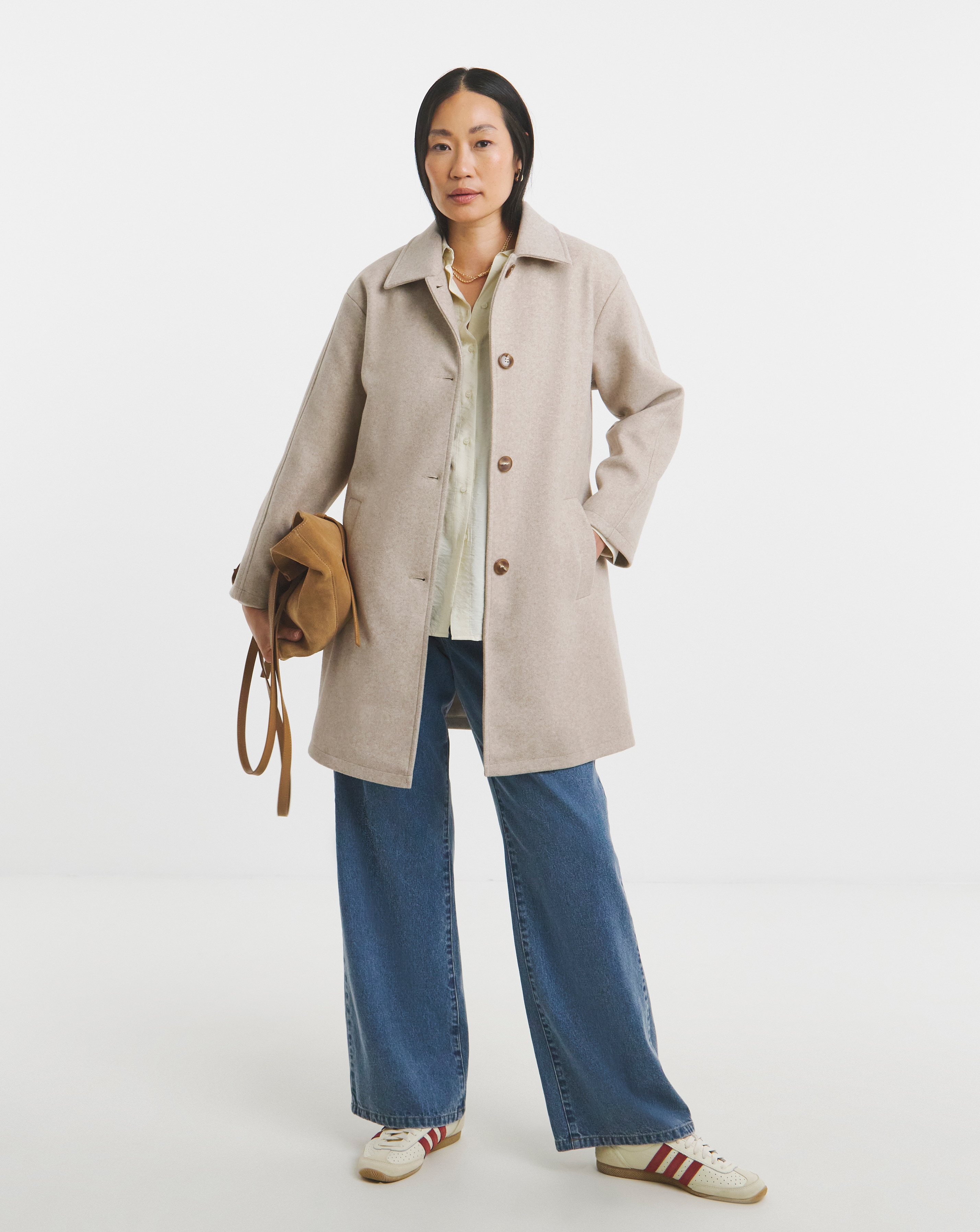 Oatmeal High Collar Button Front Lined Coat | Ambrose Wilson