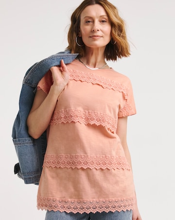 Pink Lace Trim Short Sleeve Longline Top