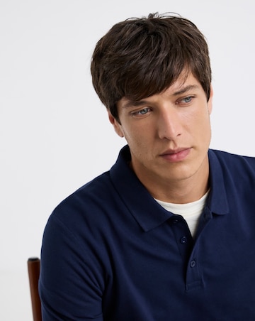 Pure Cotton Long Sleeve Pique Polo Long Length- Navy