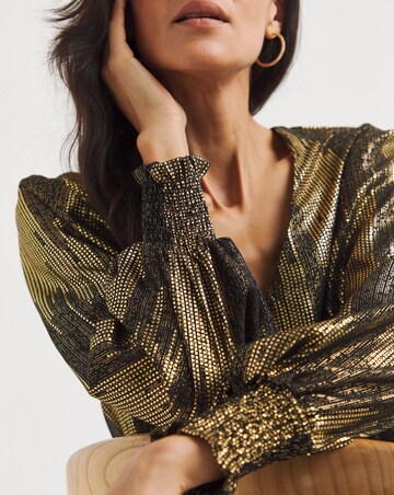 Metallic Button Through Dip Back Blouse