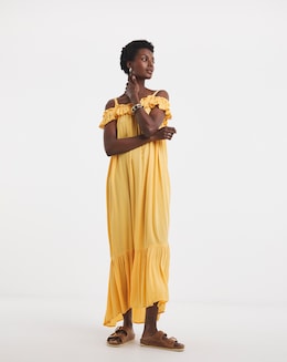 Frill Detail Bardot Crinkle Dress