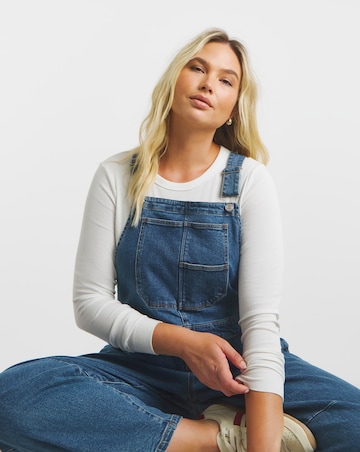 Simply Be Mid Wash Barrel Leg Dungaree