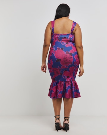 Made In GB Blue Floral Printed Scuba Frilled Hem Midaxi Dress