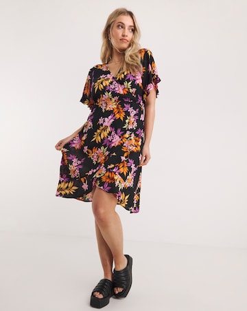 Tropical Print Crinkle Wrap Skater Dress With EcoVero TM Viscose
