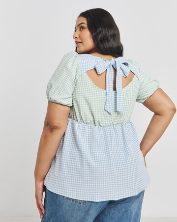 Mixed Gingham Ruched Front Smock Top with Bow Back Detail