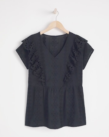 Anise Flora Dark Indigo V-Neck Embroidered Frill Top