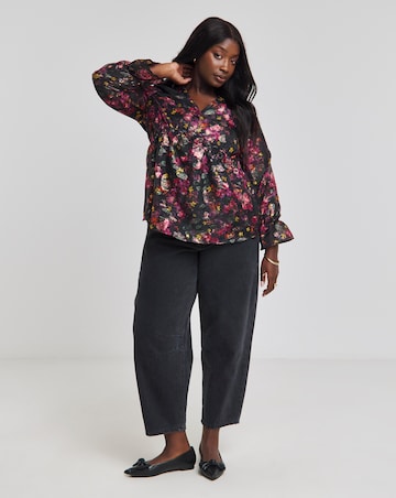 Foil Black Floral Print V Neck Blouse with Elasticated Waist