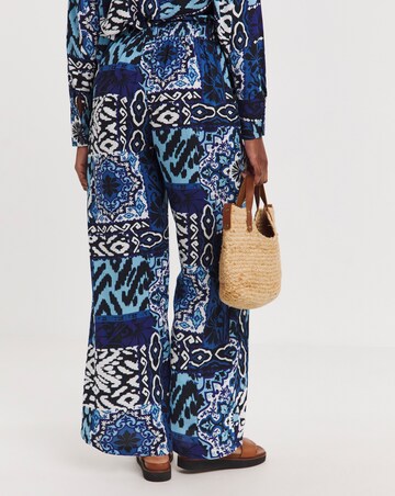 Blue Printed Spun Viscose Pull On Wide Leg Trousers
