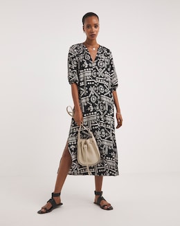 Kaftan Button Through Shirt Dress With Side Slits