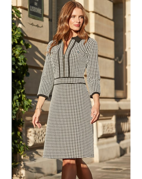 Sosandar Contrast Tipped Dogtooth Dress