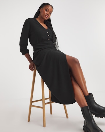 Black Textured Jersey Wrap Front Midi Shirt Dress