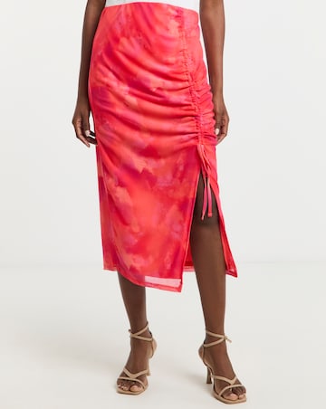 Simply Be Pink Tie Dye Mesh Overlay Ruched Side Midi Skirt