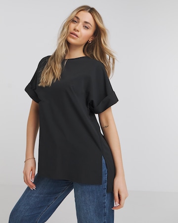 Black Roll Sleeve Dip Back Boxy Blouse