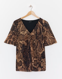 Printed Mesh V-Neck Angel Sleeve Top