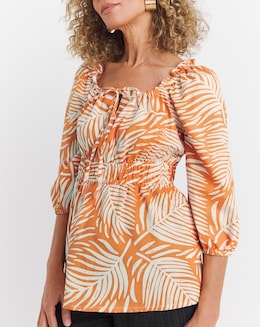 Orange Print Square Neck Linen Top