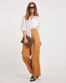 Tobacco Linen Wide Leg Utility Trousers