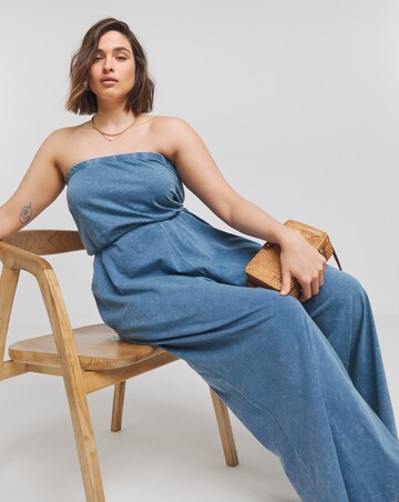 Simply Be Blue Acid Wash Cotton Jersey Bandeau Jumpsuit