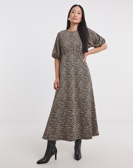 Bow Back Jacquard Bubble Sleeve Tea Dress