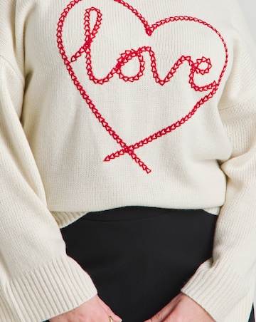 Cream Love Heart Embroidered Jumper