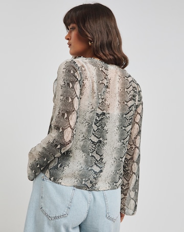 Snake Print Sheer Knot Front Ruffle Blouse