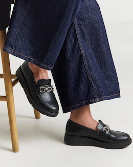 Heavenly Soles Paphos Low Wedge Loafers With Chain Trim - Extra Wide Fit (EEE)