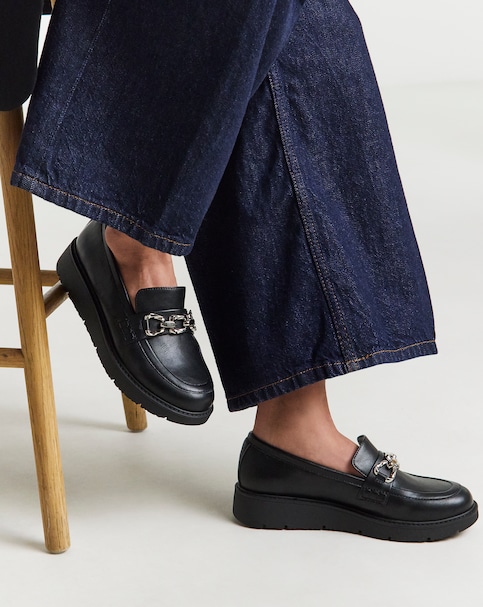 Heavenly Soles Paphos Low Wedge Loafers With Chain Trim - Extra Wide Fit (EEE)