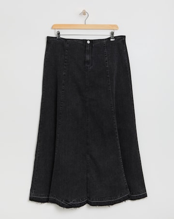 Washed Black Fit and Flare Denim Maxi Skirt