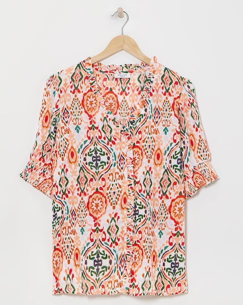 Printed Crinkle Frill Trim Top
