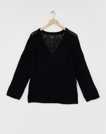 Black V Neck Mixed Knit Volume Sleeve Jumper