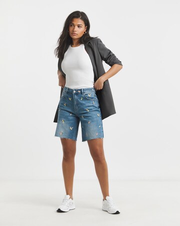 Mid Blue Fruit Embroidered Denim Bermuda Short