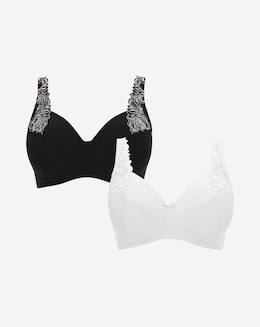Pretty Secrets 2 Pack Flora Embroidered Full Cup Non Wired Black/White Bras