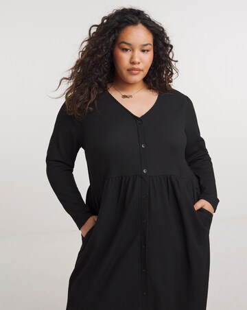 Black Long Sleeve Waffle Button Up Midi Dress With Pockets