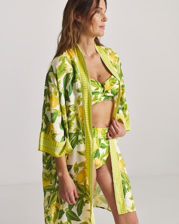 Border Print Open Kimono Beach Kaftan