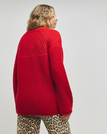 Red V Neck Mixed Knit Volume Sleeve Jumper