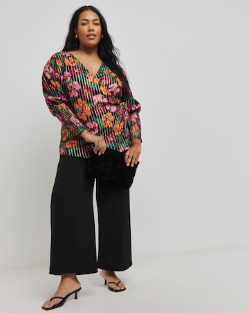 Lurex Stripe Printed Wrap Top with Puff Sleeves and Shirred Cuffs