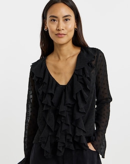 Dobby Ruffle Front Blouse