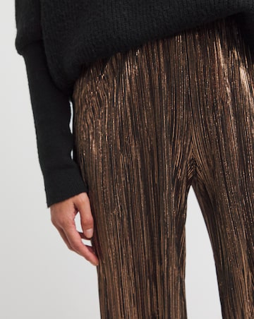 Metallic Copper Plisse Stretch Wide Leg Trousers