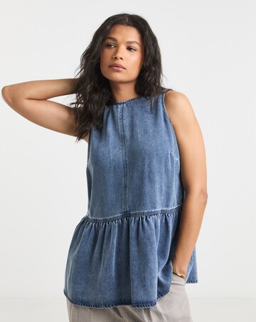 Mid Blue Peplum Sleeveless Denim Top with Tencel TM